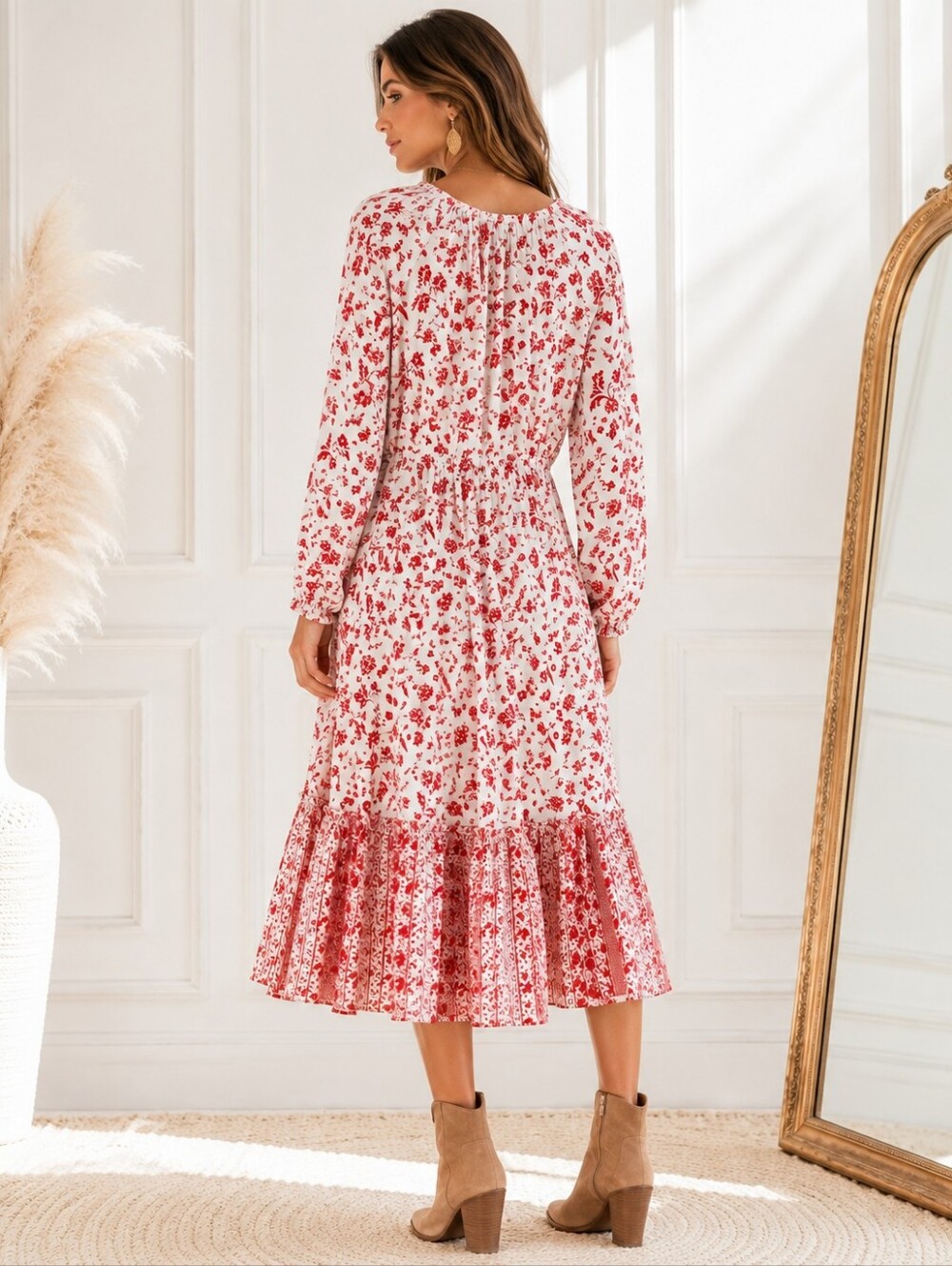 Grace Atwood x The Drop Floral Boho Maxi Dress XXL White Red Long Sleeve - Picture 2 of 8